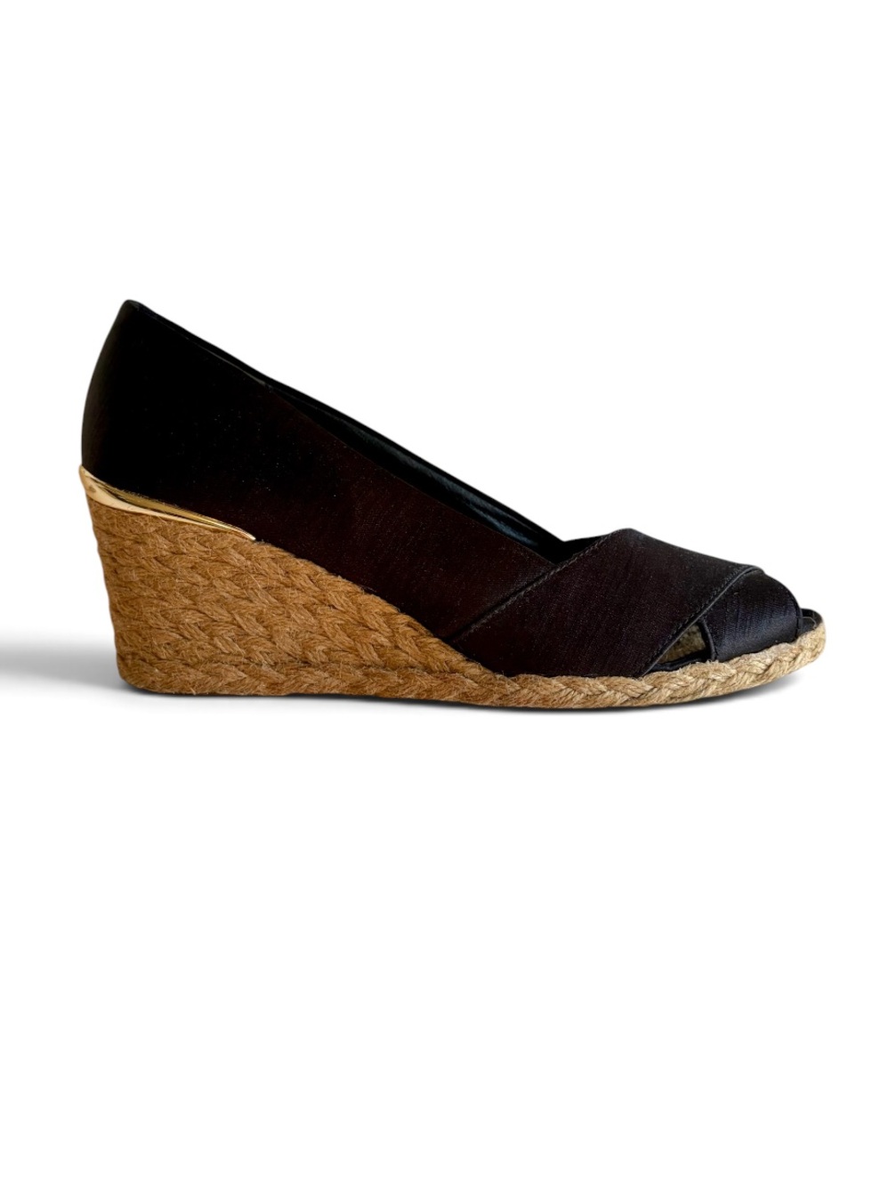 Adrienne Vittadini Bailee Espadrille Black Wedge Sandal Peep Toe Size 8.5